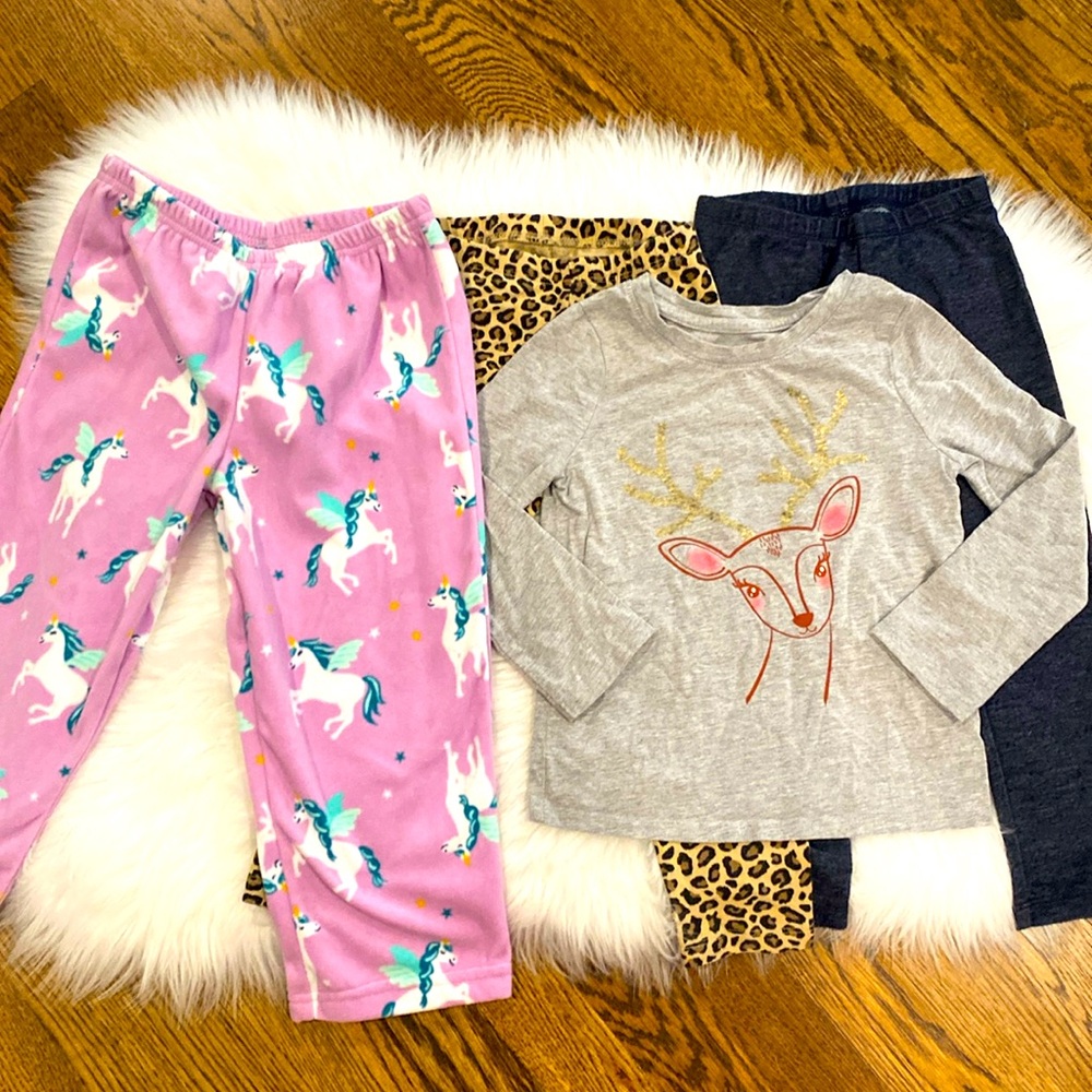 Lot of 2 4T leggings, 1 reindeer shirt and unicorn fleece pj pants
